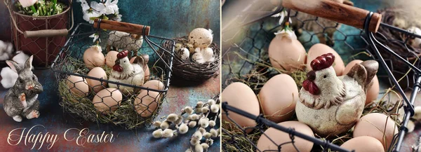 带有老式风格的复活节横幅2张彩蛋的图片和一只挂在铁丝篮子里 带着愿望的母鸡的照片 — 图库照片