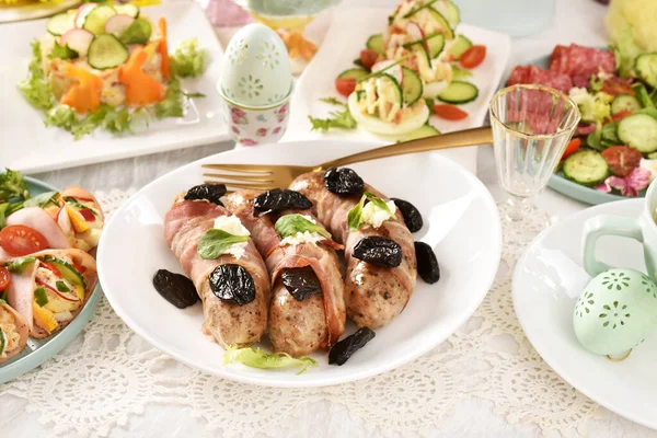 Easter White Sausage Wrapped Bacon Prune Horseradish Stuffed Eggs Salads — Stock Photo, Image