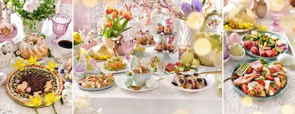 Sztandar Wielkanocny Tradycyjnymi Polskimi Potrawami Białym Barszczem Kiełbasą Jajkami Sałatkami — Zdjęcie stockowe