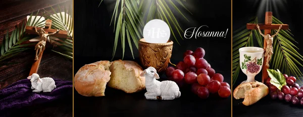 Religious banner with Jesus on the cross,palm leaves, lamb, bread, grape and Eucharist symbol on dark background
