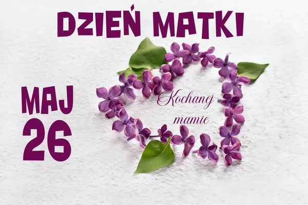 Polish Mother Day Card Heart Shape Made Purple Lilac Flowers — Stock Photo, Image