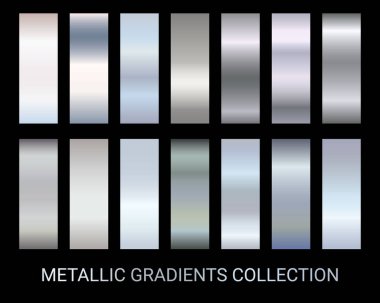 Gradyan koleksiyon kümesi vektörü. Metalik krom renk deseni örnekleri. Pankartlar, etiketler, yazı tipleri, el ilanları, davetiye kartları için. Metal gümüş rengi parlak palet vektör tasarımı