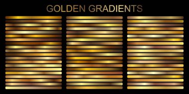 Gold Metallic gradient vector set, bronze, silver, chrome, copper metal foil texture template. Golden gradient set. Vector Metallic gold gradient design gradation collection for banner, luxury design clipart