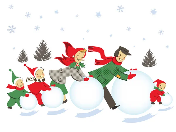 Illustration Einer Glücklichen Familie Die Schneebälle Rollt Einen Schneemann Bauen — Stockvektor