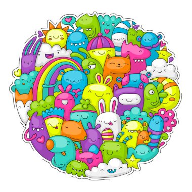 Round shaped doodle of happy and colorful animals, monsters and various creatures, suitable for kids