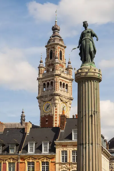 Historische Fassaden Grand Place Der Stadt Lille Hintergrund Der Glockenturm — Stockfoto