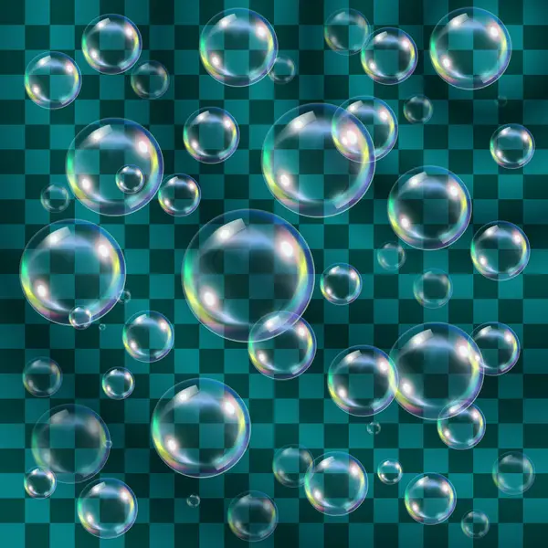 Прозрачные Разноцветные Мыльные Пузыри Поверх Бирюзы Легко Накладывается Любой Фон — стоковый вектор