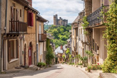 Fransa 'nın en güzel köylerinden biri olan Necec köyünün ana caddesinde, Fransa' nın yükselen ortaçağ şatosu Aveyron 'a muhteşem bir manzara sunuluyor.