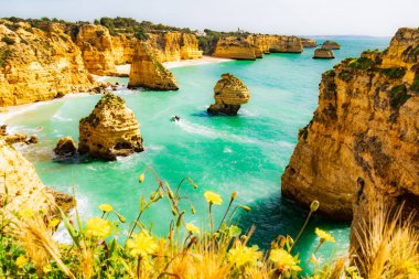 Benagil, Algarve, Portekiz 'deki Praia da Marinha yakınlarındaki plajlar, çiçekler, kayalar ve okyanus manzarası