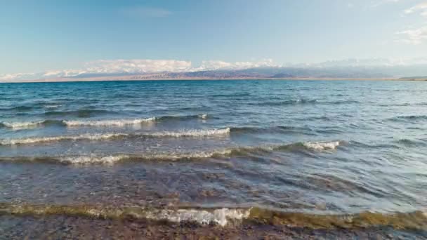 Blue Calm Water Issyk Kul Lake Mountains Background Summer Day — Stock video