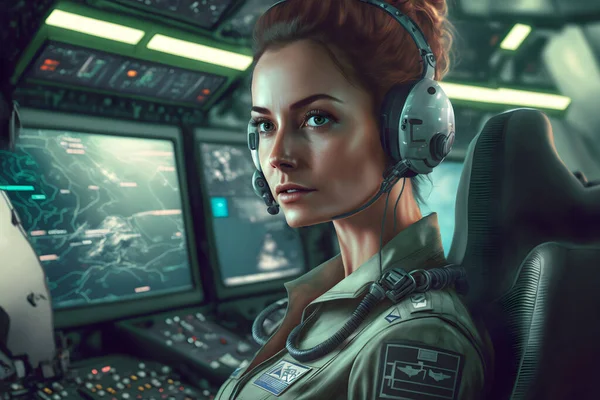 30 years old woman as captain of a spaceship, sitting in the command center, sci-fi, neural network generated art. Digitally generated image. Not based on any actual person or scene.