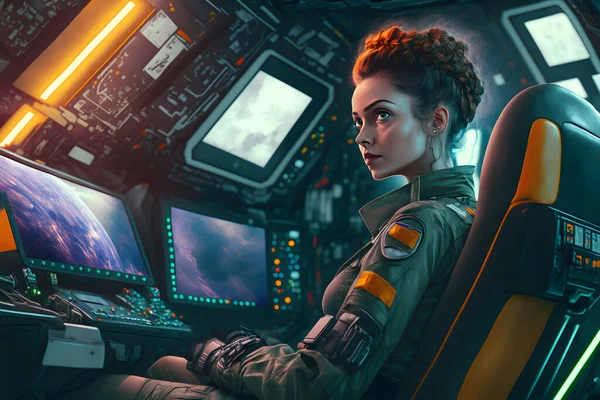 30 years old woman as captain of a spaceship, sitting in the command center, sci-fi, neural network generated art. Digitally generated image. Not based on any actual person or scene.