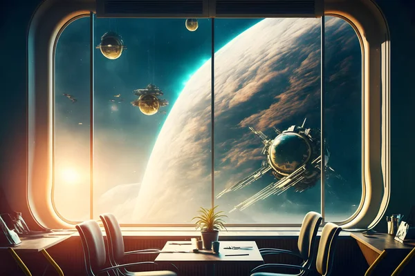 orbital space station cafe interior with large windows with blue planet behind, sci-fi style, neural network generated art. Digitally generated image. Not based on any actual scene or pattern.