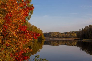 Göl ya da nehir sonbahar öğleden sonra mavi gökyüzü ve sakin suyla.