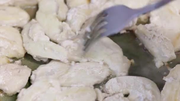 Pieces Chicken Breasts Stirring Fork While Frying Pan Oil Close — Stock Video