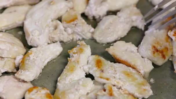 Pieces Chicken Breasts Flipping Fork While Frying Pan Oil Close — Stock Video