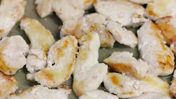 Pieces Raw Chicken Breasts Golden Crust Edges Frying Closeup Slow — Stock Video