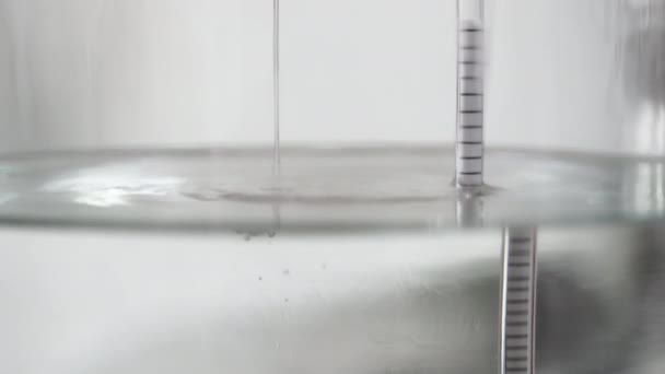 アルコール蒸留プロセスのクローズアップ 液体はそれに浮遊アルコール計が付いている大きいガラス瓶で流れる透明な液体を蒸留しました — ストック動画
