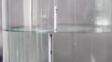alkol damıtma işlemi yakın çekim - sıvı damıtılmış şeffaf sıvı içinde yüzen alkoholometre ile büyük cam kavanozda akıyor.