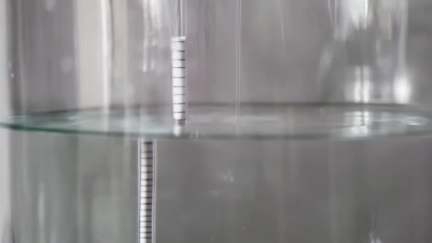 酒精蒸馏工艺闭合 液体蒸馏透明液体在大玻璃瓶中流动 其中装有浮动式酒精计 — 图库视频影像