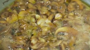 Donmuş şampiyon mantarları kızartma tavasında kaynıyor, yavaş çekim yakın plan..