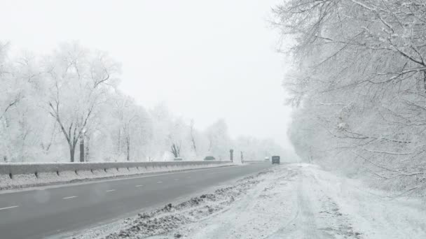 车辆在雪地的冬季道路上行驶 混凝土障碍物环绕 树木被霜冻覆盖 — 图库视频影像