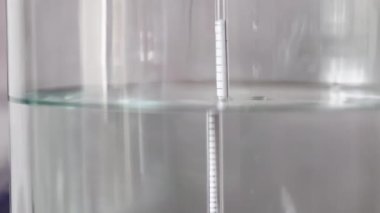 alkol damıtma işlemi yakın çekim - sıvı damıtılmış şeffaf sıvı içinde yüzen alkoholometre ile büyük cam kavanozda akıyor.