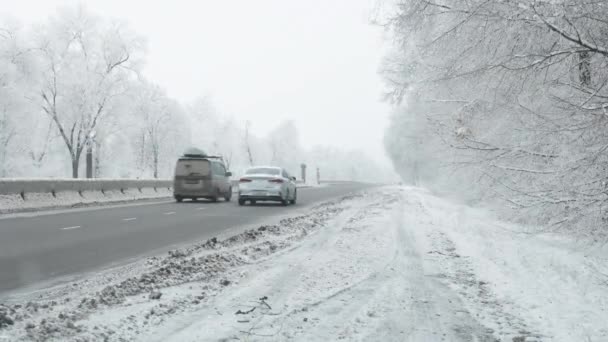 Samochody Jadące Śnieżnej Zimowej Drodze Podzielone Betonową Barierą Otoczoną Drzewami — Wideo stockowe