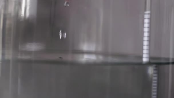 酒精蒸馏工艺闭合 液体蒸馏透明液体在大玻璃瓶中流动 其中装有浮动式酒精计 — 图库视频影像