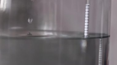 alkol damıtma işlemi yakın çekim - sıvı damıtılmış şeffaf sıvı içinde yüzen alkoholometre ile büyük cam kavanozda akıyor.
