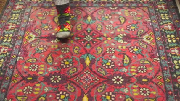 Legs Colorful Ornate Warm Wool Socks Old Ornate Red Carpet — Stockvideo