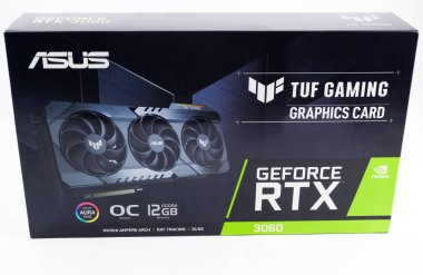cardboard box of NVIDIA RTX 3060 OC 12g TUF gaming graphics card on white background. Tula, Russia - July 26, 2022 clipart