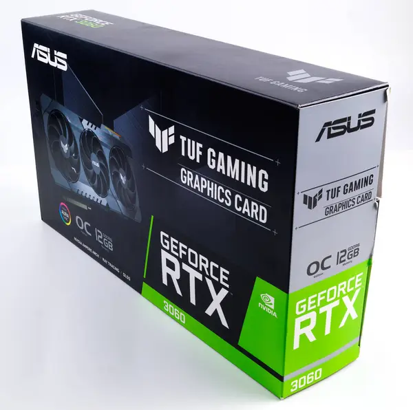 stock image cardboard box of NVIDIA RTX 3060 OC 12g TUF gaming graphics card on white background. Tula, Russia - July 26, 2022