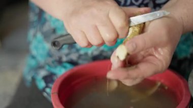 Büyükannem mutfak bıçağıyla yaban turpunu soyuyordu, yavaş çekimde yakın çekim.