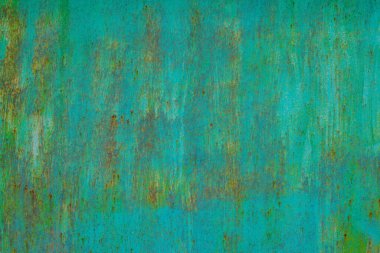 Düz çelik levha yüzeyinde soluk yeşil boya paslı lekeler - tam çerçeve arkaplan ve doku.