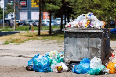 Kırgızistan, Bişkek 'te 26 Mayıs 2023' te aşırı doldurulmuş çöp bidonları