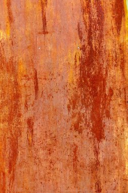 Paslı, kırmızı, düz, düz metal bir yüzey, beyaz boya artıkları, tam çerçeve arkaplan ve doku..