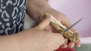Büyükannem mutfak bıçağıyla yaban turpunu soyuyordu, yavaş çekimde yakın çekim.