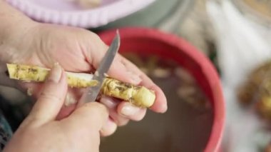 Büyükannem mutfak bıçağıyla yaban turpunu soyuyordu, yavaş çekimde yakın çekim.