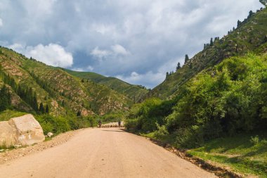 Kuru tozlu toprak yol, dağlarla vadiyi turluyor, iki çoban, güneşli bir günde yol boyunca bir koyun sürüsüne liderlik ediyor..