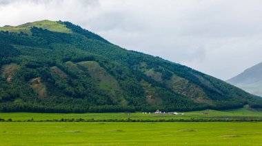 Arka planda bir dağ, ön planda çimenlik bir alan ve Semenovka, Kırgızistan 'daki Kochmon Ordo Ethno Kompleks Yurt Kampı' nın yer aldığı doğal bir manzara - 5 Temmuz 2023
