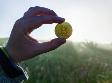 Kafkasyalı el Bitcoin parlatıcısını tutuyor çimenli bir arka planda