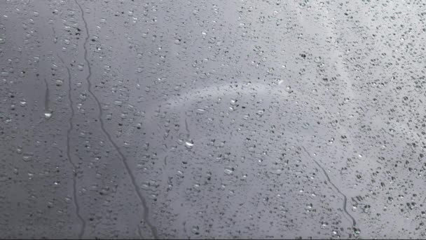 自動車のフロントガラスの表面に雨が降り ゆっくりとした動きで外からのクローズアップビュー — ストック動画