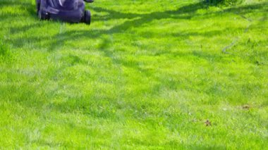 Plastik ayakkabılı beyaz adam, güneşli bir günde ucuz plastik çim biçme makinesiyle yeşil çimenleri hareket ettiriyor. Sabit kameralı yakın çekim.