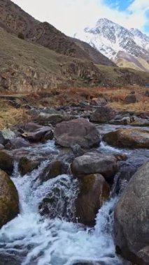 Bahar akşamında arka planda karla kaplı tepeleri olan dağ nehri..
