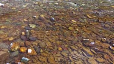 Geniş ama saydam dağ nehri. Güneşli bir günde dipte bir sürü yuvarlak kaya var. Tam kare manzaralı.