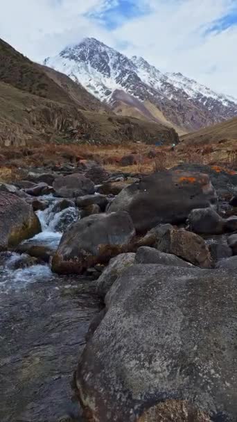 Bahar Akşamında Arka Planda Karla Kaplı Tepeleri Olan Dağ Nehri — Stok video