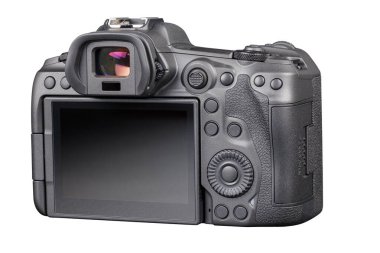 Siyah 2020 profesyonel 35 mm aynasız kamera gövdesi beyaz arkaplan ve dikiz aynasından izole edilmiş.