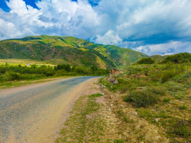 Kırgızistan 'da güneşli yaz gününde dağlara giden boş bir yol.