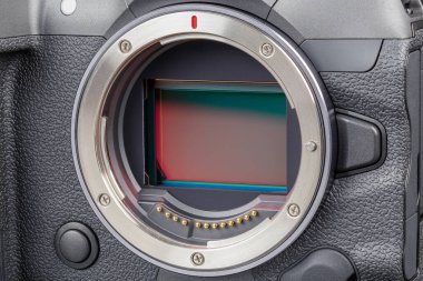 siyah profesyonel 35mm tam kare aynasız kamera gövdesi tam kare sensör kapalı görüntüsü ile